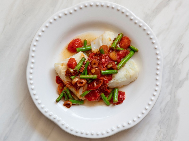 Sauteed Fish with Melted Tomato, Spring Onion + Asparagus