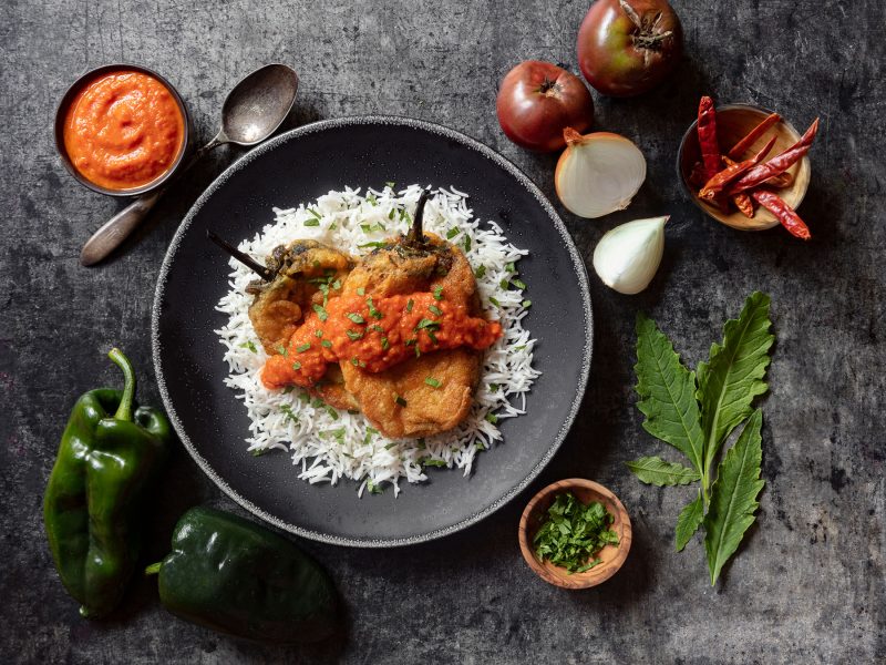 Chile Rellenos (Stuffed Poblano Peppers) with Rojo Sauce