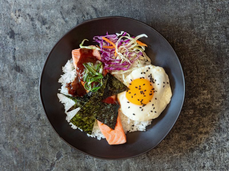 Asian Salmon, Rice + Egg Bowl