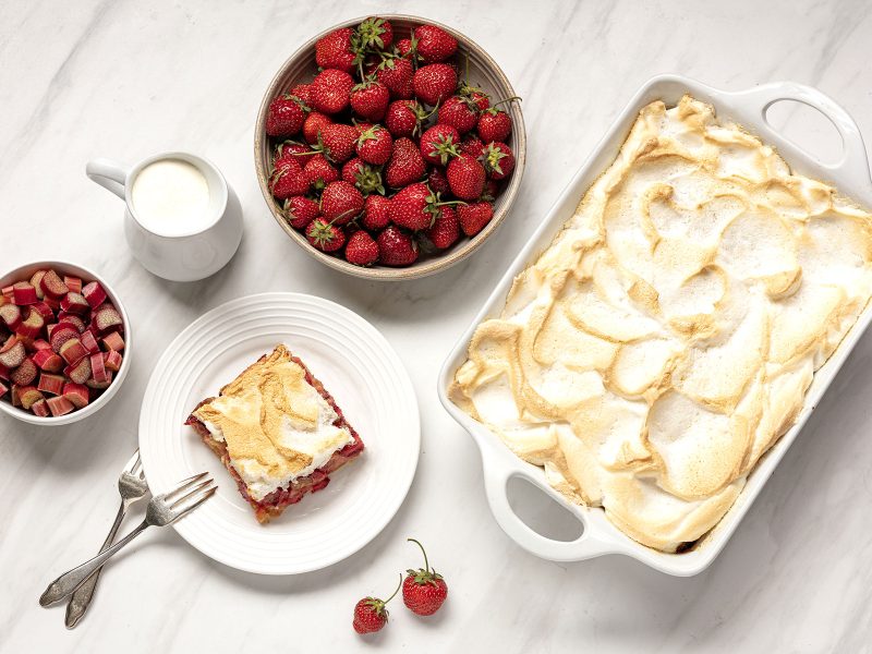 Meringue Topped Strawberry Rhubarb Custard Slices