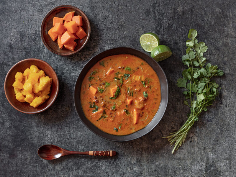 Vegan Red Curry with Bok Choy, Sweet Potatoes, Squash & Lentils